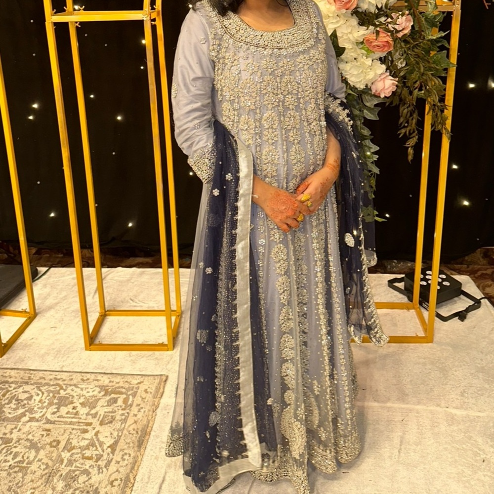 Heavy Pakistani Embroidered Light Gray & Navy Gown - OPEN TO ALL OFFERS